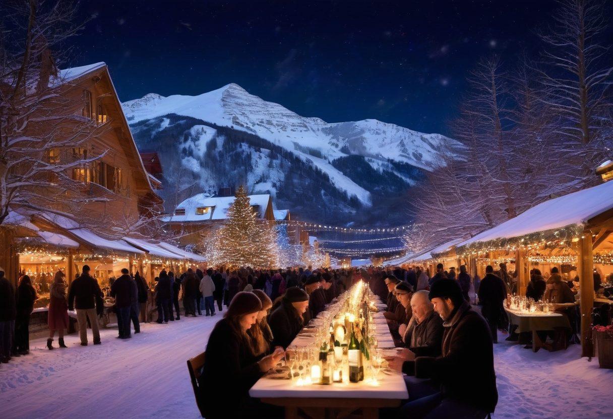 A picturesque night scene in Aspen, Colorado, illuminated by twinkling fairy lights, showcasing vibrant wine festivals with elegantly dressed people enjoying tastings at outdoor booths. The backdrop features snow-capped mountains and a clear starry sky, creating a magical ambiance. Include wine bottles, glasses, and festive decorations to enhance the experience. super-realistic. vibrant colors. night setting.