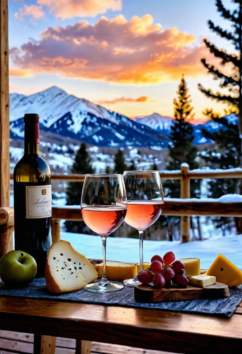 An elegant wine glass filled with a rosé, perched on a wooden picnic table adorned with a breathtaking view of Aspen's snowy mountains. Surrounding the glass are assorted gourmet cheeses, fresh fruits, and ski gear casually placed nearby, capturing the essence of an adventurous day in Aspen. The scene is bathed in warm, golden sunset light, creating a cozy and inviting atmosphere. Highly detailed and tranquil. super-realistic. vibrant colors.
