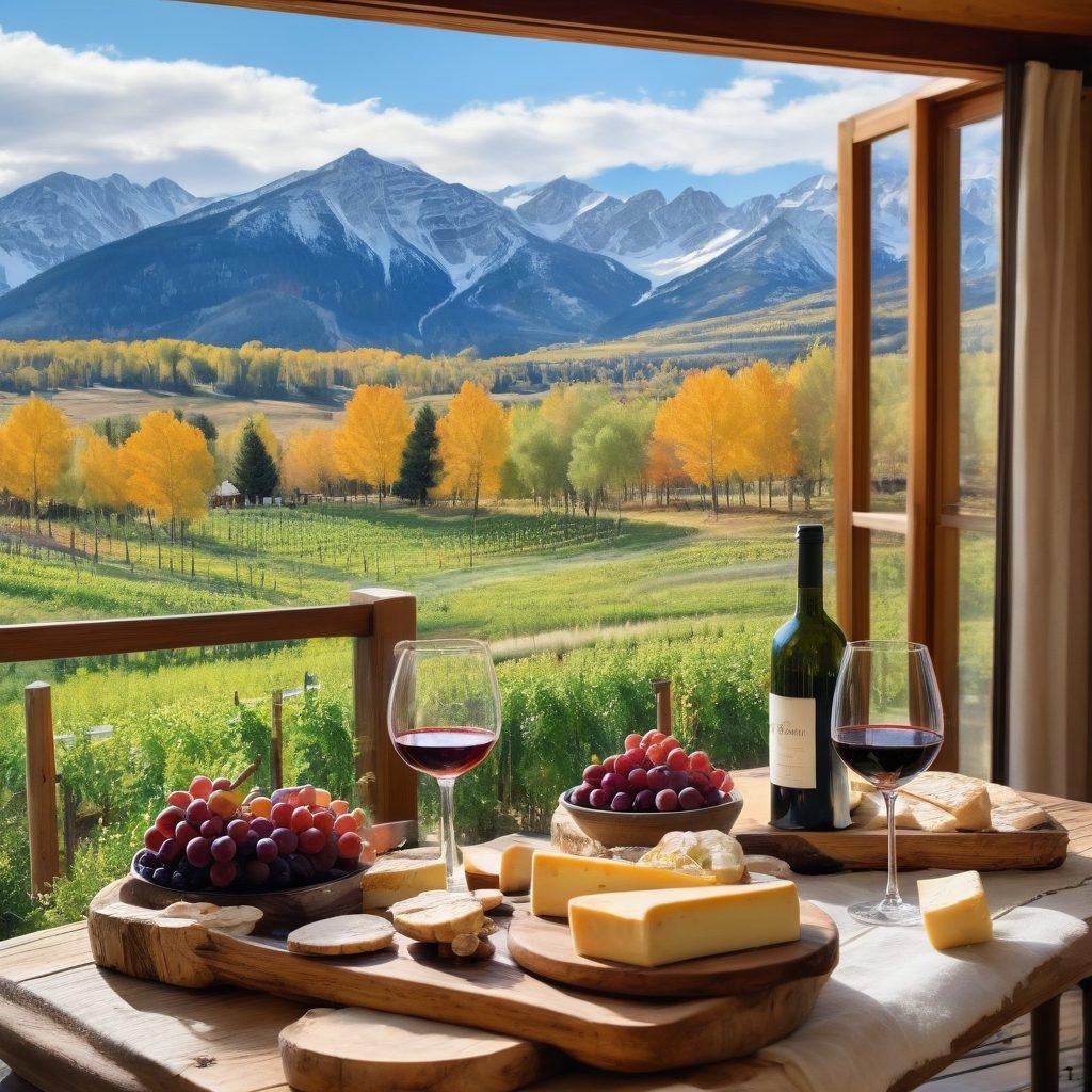 A picturesque Aspen landscape featuring a cozy wine tasting room with rustic wooden decor, surrounded by snow-capped mountains. In the foreground, a beautifully arranged table with a variety of wine glasses, delicious cheese platters, and fresh grapes. Soft candlelight casting a warm glow, inviting ambiance for an explorative wine tasting experience. The sky is a crisp blue, hinting at a perfect sunny day. watercolor painting. vibrant colors.